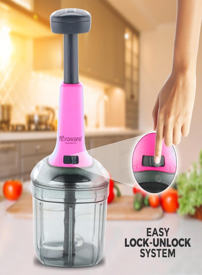 Floraware Food Chopper Steel Large Manual Hand-Press Vegetable Chopper Mixer Cutter to Cut Onion, Salad, Tomato, Potato (Pink, 600ML) - Image 3